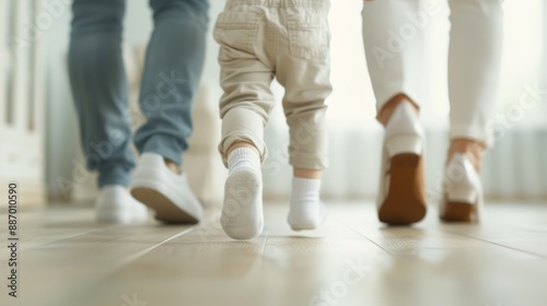 Ultra-sharp image of a child's first steps, parents' joy captured, home setting, high-resolution photo, realistic photo, cinematography