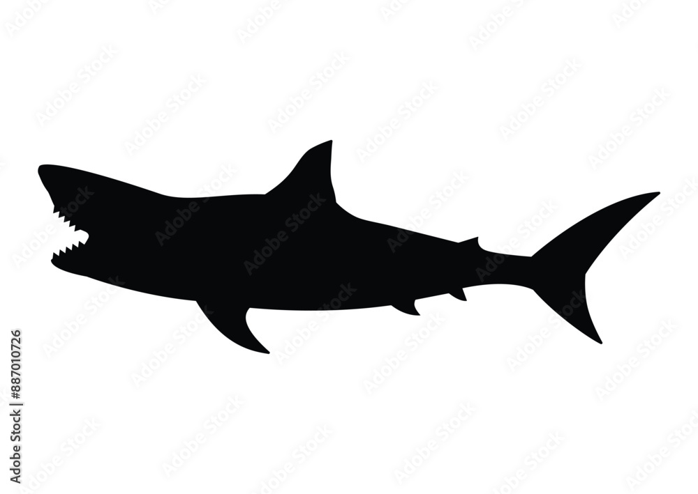 Isolated black silhouette of a toothy shark on a white background. Vector in EPS format. Isolated black silhouette of a toothy shark on a white background. Vector in EPS format.