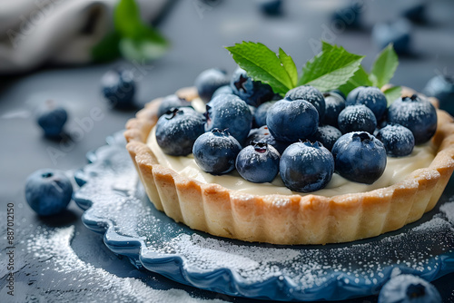 Delicate dessert tart with vibrant blueberries on creamy filling