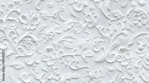 A close-up of a white, 3D floral pattern with swirling vines and intricate details SEAMLESS PATTERN