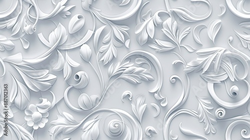 A close-up of a white, 3D floral pattern with swirling vines and intricate details SEAMLESS PATTERN