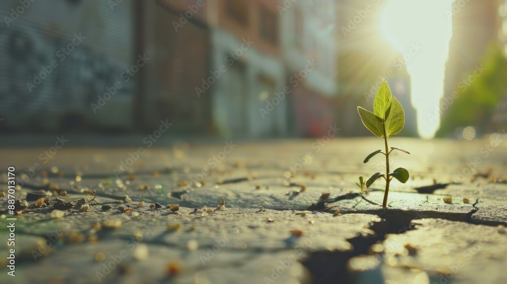 A Small Plant Sprouting Through the Cracks in a City Street A Small Plant Sprouting Through the Cracks in a City Street