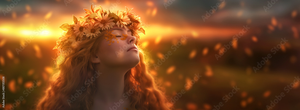 Woman with Floral Crown in Sunset Glow Enjoying Nature with Falling Leaves.Witches Autumn Equinox Renewal Ritual in Nature. Woman with Floral Crown in Sunset Glow Enjoying Nature with Falling Leaves.Witches Autumn Equinox Renewal Ritual in Nature.