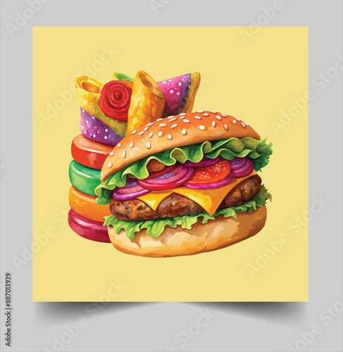 Delicious burger with many ingredients isolated on white background Tasty cheeseburger splash vector design