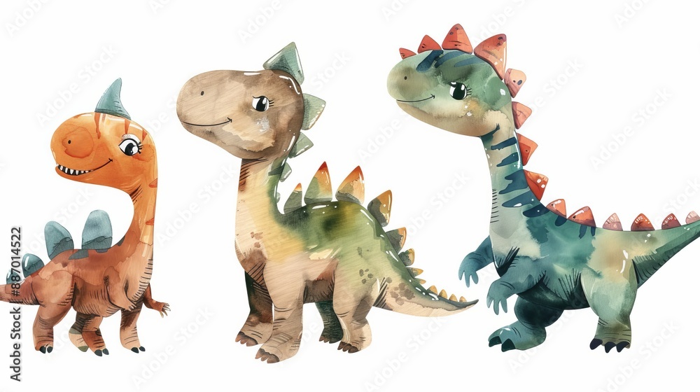 Fototapeta premium Three adorable cartoon dinosaurs depicted in a row with vibrant colors and charming expressions, capturing the imagination and playfulness of childhood.