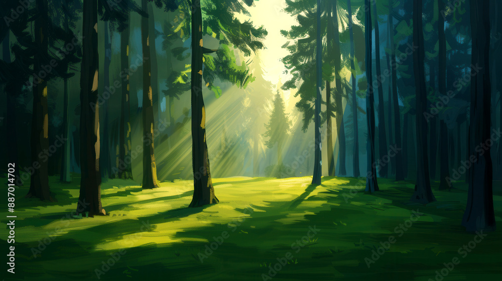 Obraz premium Sunlight streams through a dense forest, illuminating the lush green foliage and casting beautiful shadows on a tranquil forest floor.
