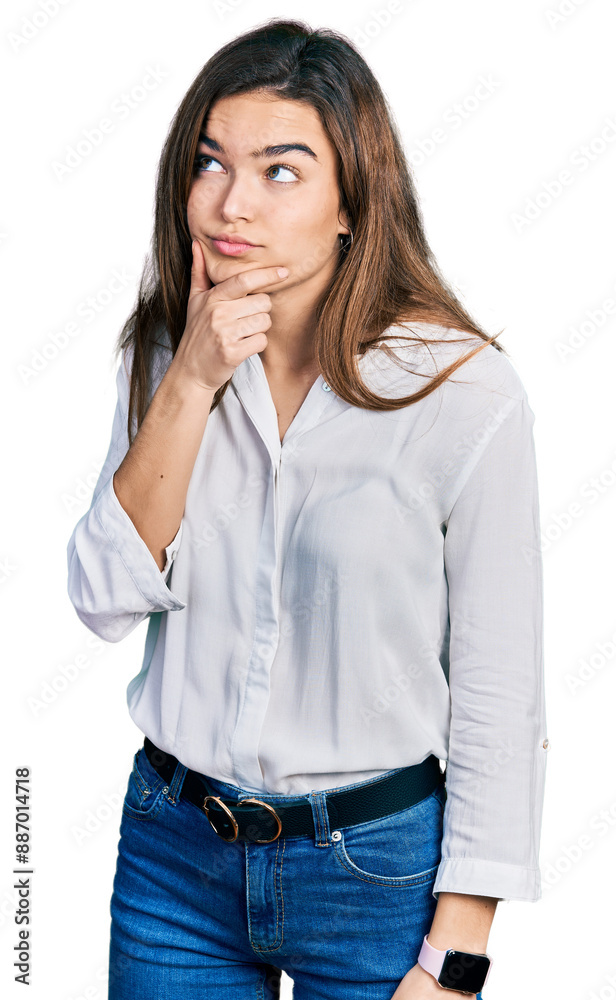 Young caucasian girl wearing casual white shirt thinking worried about a question, concerned and nervous with hand on chin Young caucasian girl wearing casual white shirt thinking worried about a question, concerned and nervous with hand on chin