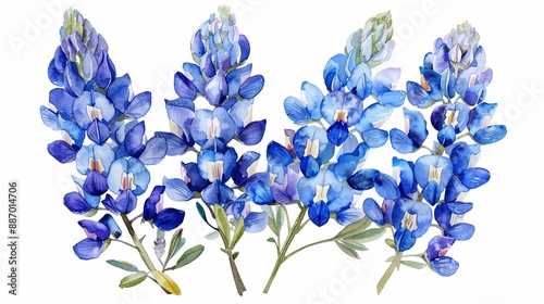 This image features a vibrant cluster of blue flowers captured in a watercolor style, showcasing the delicate petals and lush green leaves, perfect for natural-themed artwork.