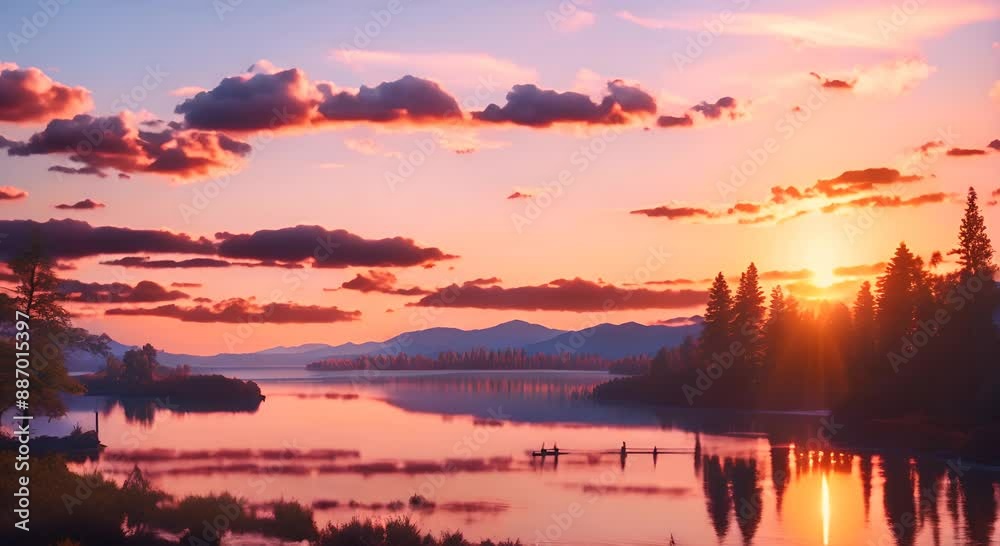 Sunset over lake 4k animation