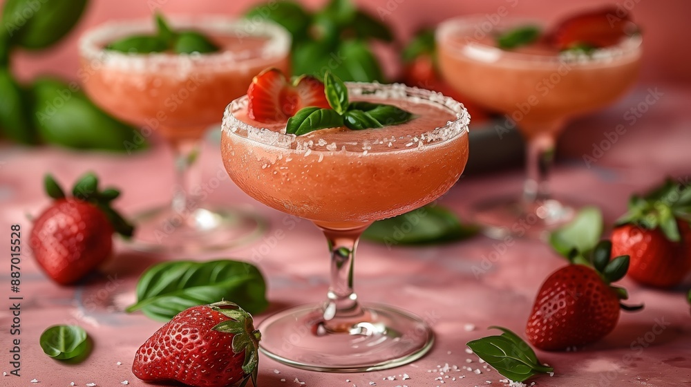 Three strawberry basil cocktails garnished with basil leaves and a sugared rim. Three strawberry basil cocktails garnished with basil leaves and a sugared rim.