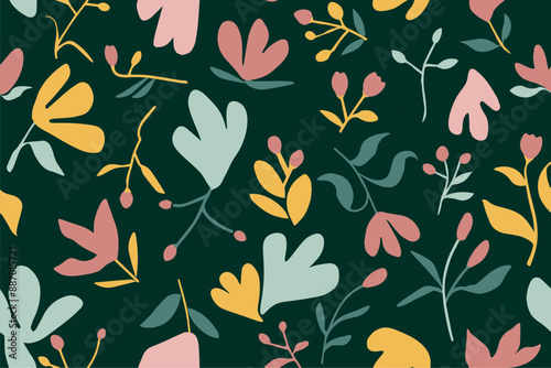  Natural floral leaves shapes seamless pattern. Rustic color cartoon isolated textile print pattern. Vector illustration on background