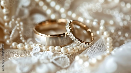 Two beautiful wedding rings in a still life presented over a wedding dress