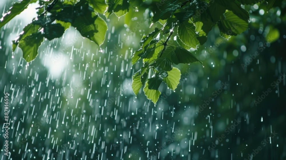 Close-up of raindrops falling against a blurred green background, Close-up of raindrops falling against a blurred green background,