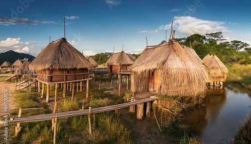 stilt houses in prehistoric village, AI generated photo