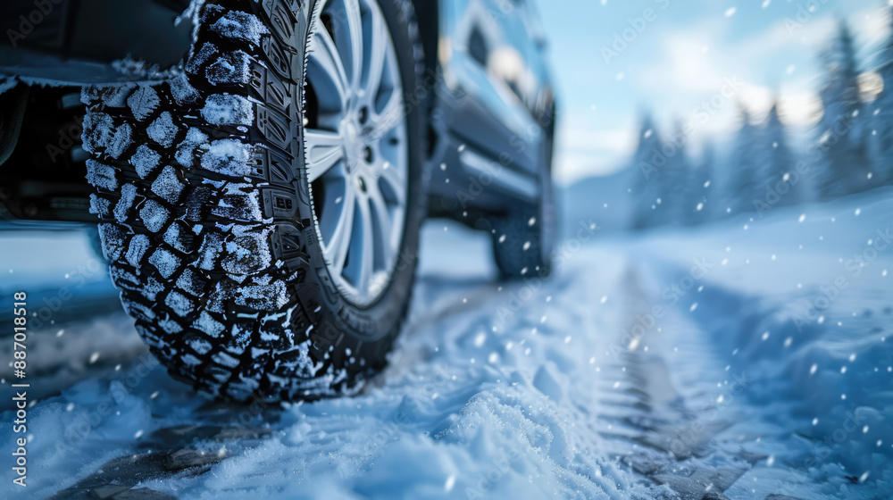 ground level view of a car wheel with snow tire in winter ground level view of a car wheel with snow tire in winter