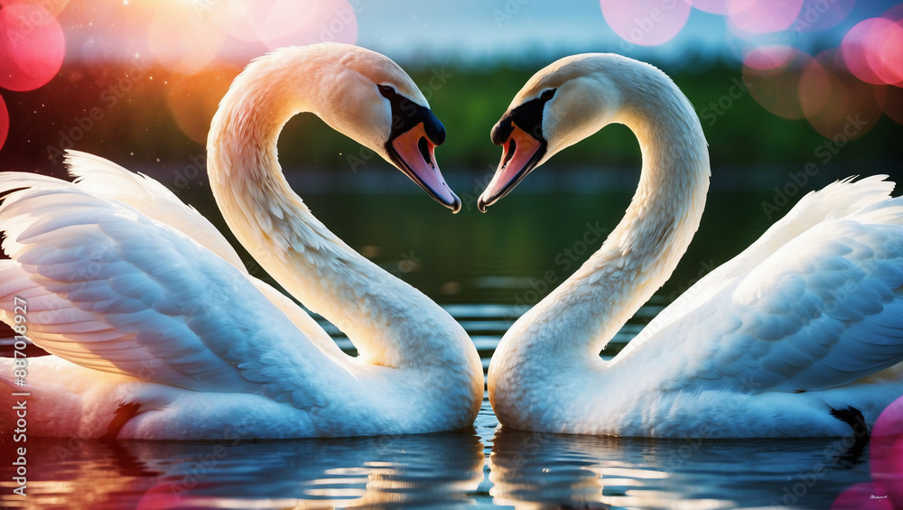 Two white swans are swimming in lake at sunset, with their necks curved ...