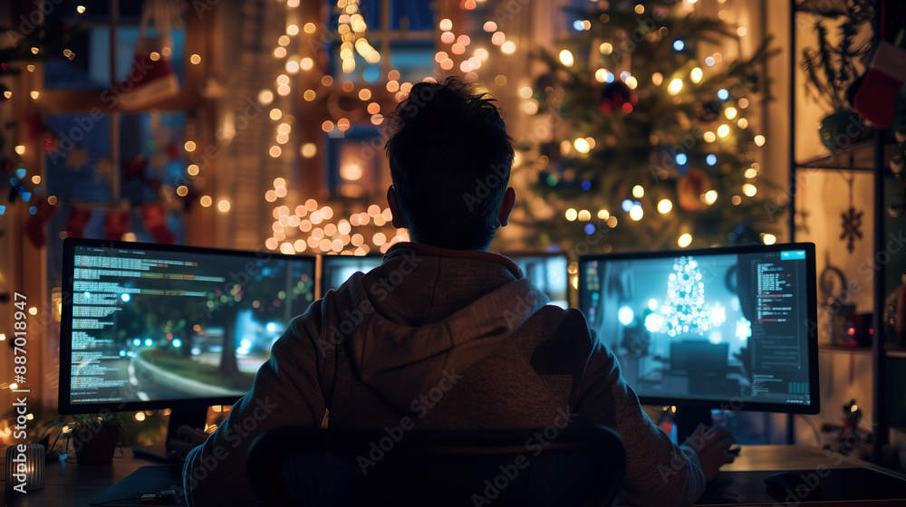 male programmer in front of three monitors, coding at night with Christmas lights on the background male programmer in front of three monitors, coding at night with Christmas lights on the background