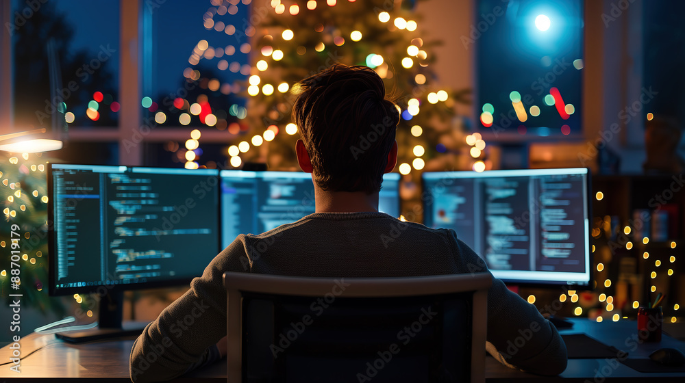 male programmer in front of three monitors, coding at night with Christmas lights on the background male programmer in front of three monitors, coding at night with Christmas lights on the background
