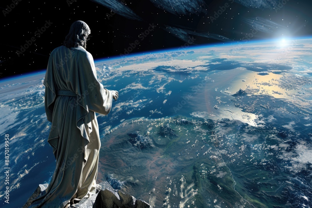 A sculpture of Jesus Christ standing at the summit of a mountain, overlooking vast landscape A sculpture of Jesus Christ standing at the summit of a mountain, overlooking vast landscape