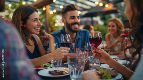 Happy friends drinking red wine sitting at an outdoor restaurant table, young people enjoying rooftop dinner party together, guys and girls having lunch break outside