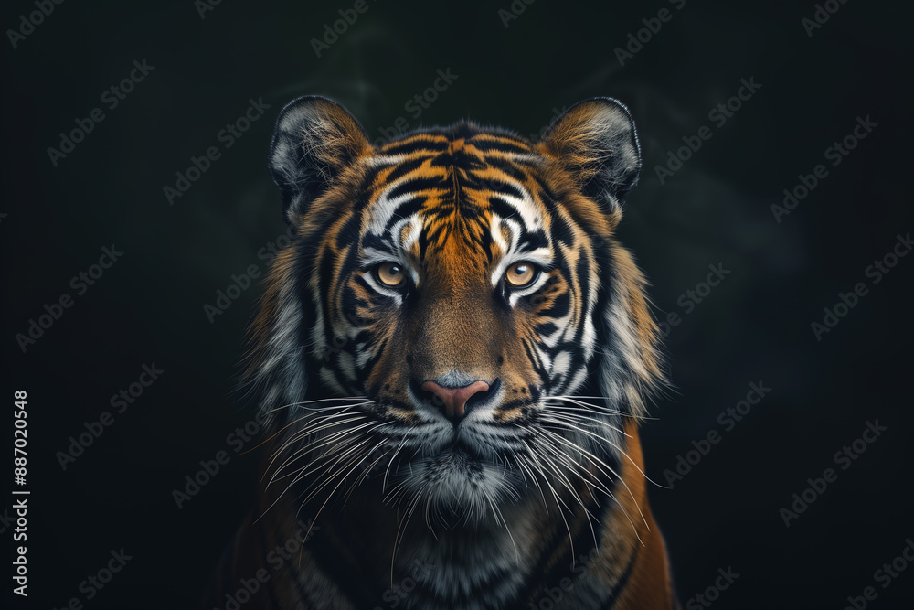 tiger portrait, front view, dark background