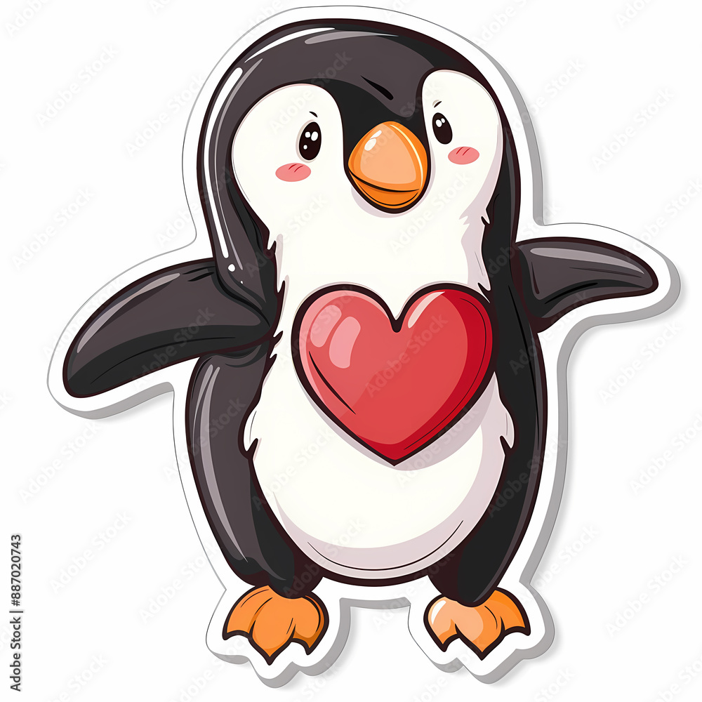 Obraz premium Cute cartoon penguin with a big red heart on its chest, expressing love and warmth. Ideal for Valentine's Day themed designs.