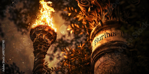 Everlasting Flame of Republicanism: A burning torch, its fiery light illuminating a stone pillar inscribed with the words 