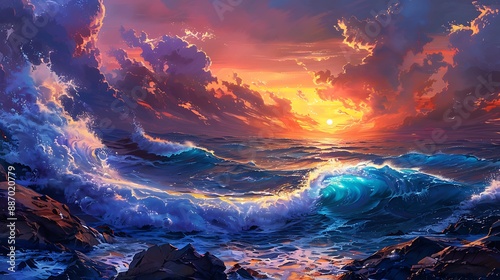 Obraz na płótnie Sharp, angular waves in shades of cobalt and jade crashing against a rocky coastline, framed by a fiery sunset sky of orange and crimson. w salonie
