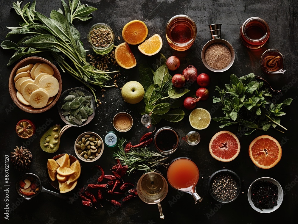 cocktail ingredients laid out in an organized studio with sharp lighting emphasizing ingredient arrangement scifi tone Complementary Color Scheme cocktail ingredients laid out in an organized studio with sharp lighting emphasizing ingredient arrangement scifi tone Complementary Color Scheme