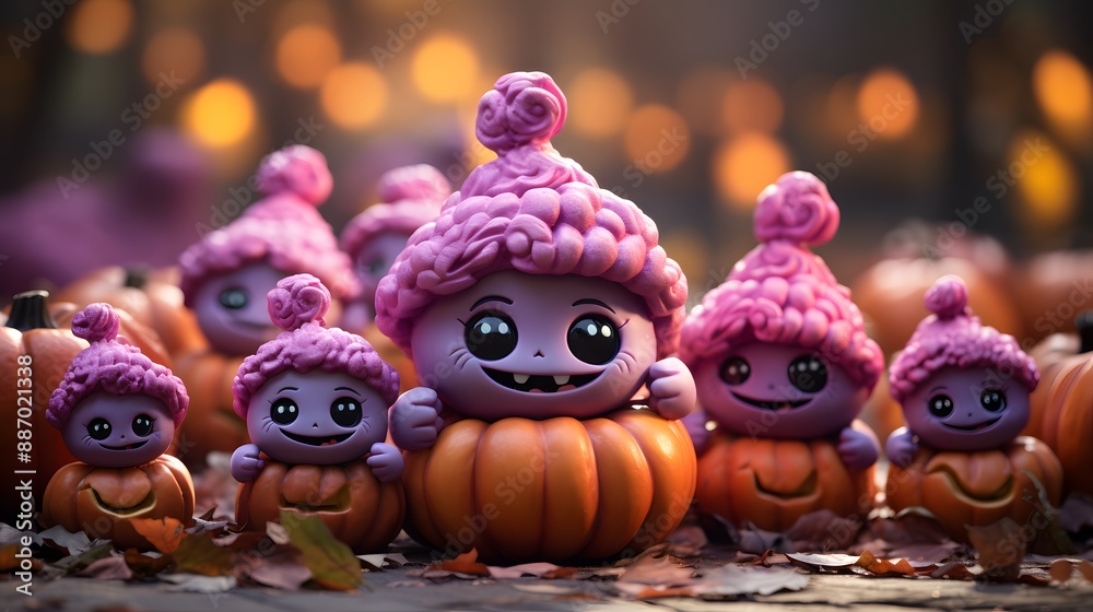 Fototapeta premium Orange pumpkins for the Halloween holiday. Carved faces with glow in pumpkins