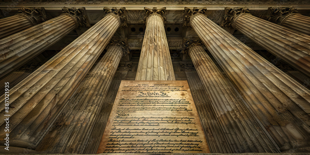 Constitutional Cathedral: A close-up of the United States Constitution, framed by the columns of an ancient temple. Constitutional Cathedral: A close-up of the United States Constitution, framed by the columns of an ancient temple.