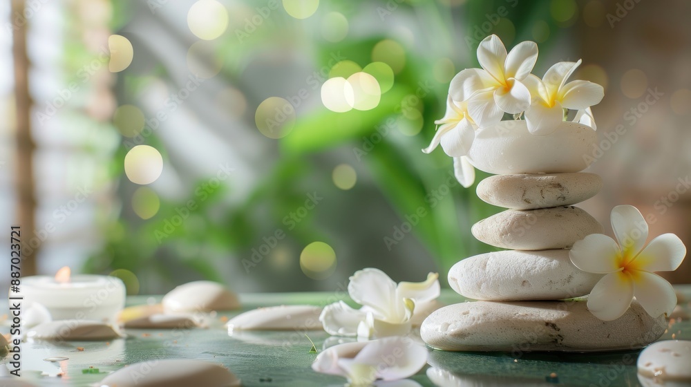 Zen Stones with White Flowers and Blurry Green Background Zen Stones with White Flowers and Blurry Green Background