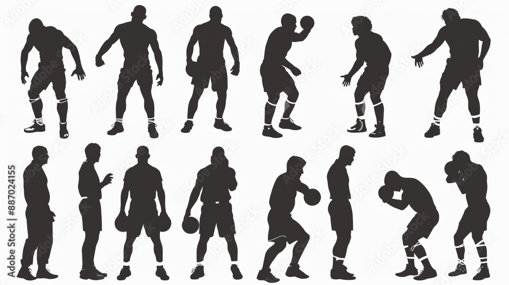 Naklejka premium Collection of silhouetted boxers showcasing different dynamic poses and stances, perfect for training, fitness, and martial arts themed projects.