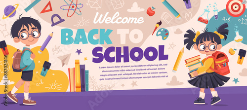 Back to school vector banner design with cute children and education element. Cute kids with books and backpacks for poster, wallpaper, print, website. Vector background for your design