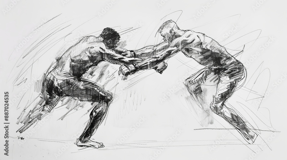 Artistic depiction of two fighters in the heat of a match, showcasing their powerful movements and determination, rendered in a dynamic and energetic sketch style. Artistic depiction of two fighters in the heat of a match, showcasing their powerful movements and determination, rendered in a dynamic and energetic sketch style.