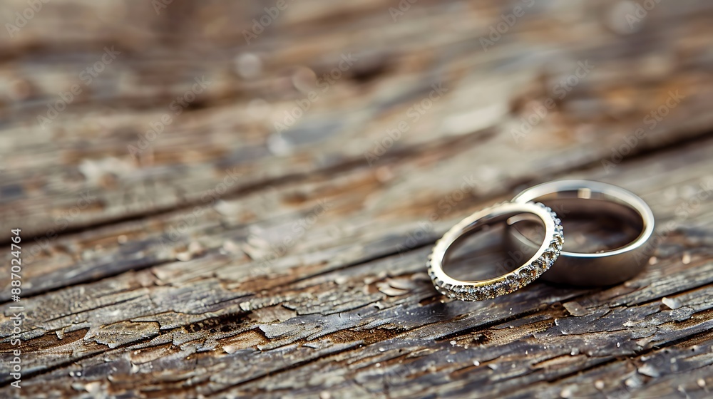 Wedding band and diamond ring on a wooden plank with copy space Wedding band and diamond ring on a wooden plank with copy space