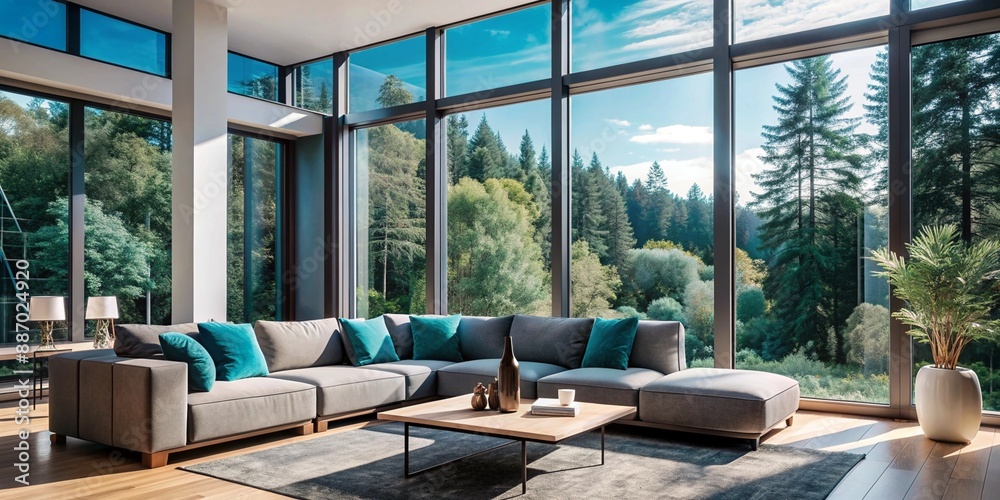 Fototapeta premium Generative ai. modern living room, panoramic forest view, floor-to-ceiling windows, cozy gray sectional sofa, teal accent pillows, wooden coffee table, natural light, contemporary interior design