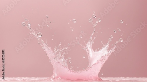 A close-up macro photo of a water splash forming a delicate crown-like shape. The soft pink background and gentle lighting create a sense of elegance and purity, perfect for beauty, skincare.