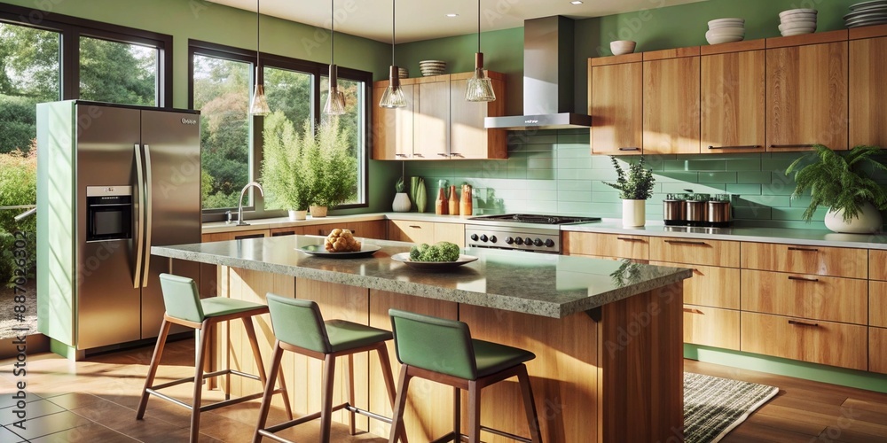 Generative ai. modern kitchen, natural light flooding in, large windows, green accents, wooden cabinets, central island with granite countertop, stainless steel appliances, potted plants Generative ai. modern kitchen, natural light flooding in, large windows, green accents, wooden cabinets, central island with granite countertop, stainless steel appliances, potted plants