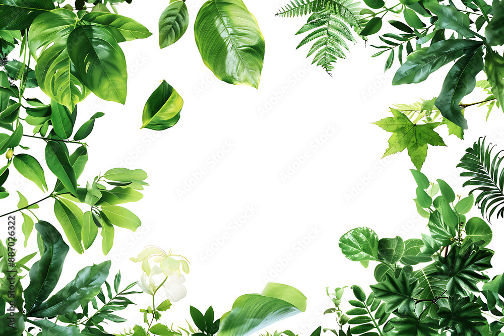 Frame of tropical leaves on a white background with space for text. Top view, 