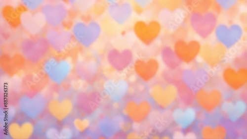 A soft and dreamy background with a romantic bokeh effect featuring colorful hearts in pastel shades of pink, purple, orange, and yellow. Perfect for Valentine's Day, wedding.