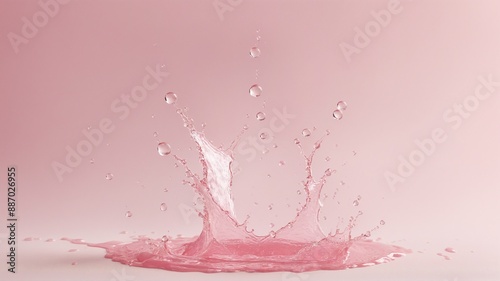 Pink Water Splash: A Refreshing Crown of Droplets, A close-up of a water splash forming a delicate crown-like shape. The soft pink background and gentle lighting,  perfect for beauty, skincare