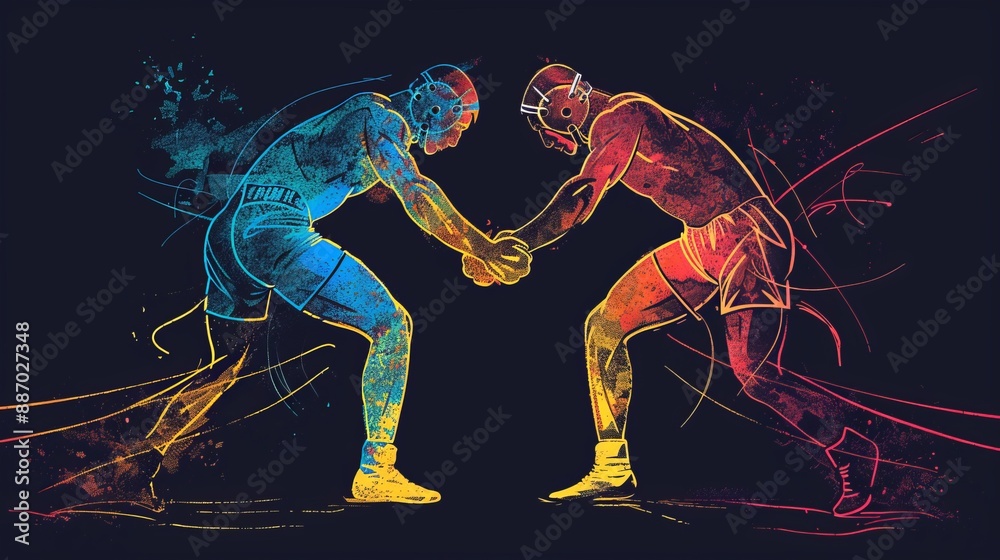 An abstract, colorful illustration of two wrestlers engaged in a match, depicted with flowing lines and bright hues of blue and red. Represents competition and athleticism.