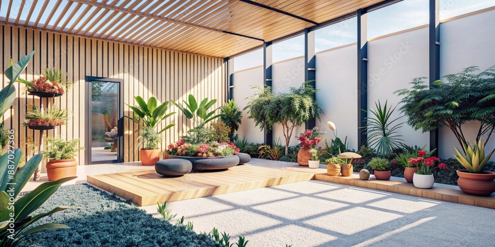Generative ai. An outdoor living space, modern architecture, wooden ...