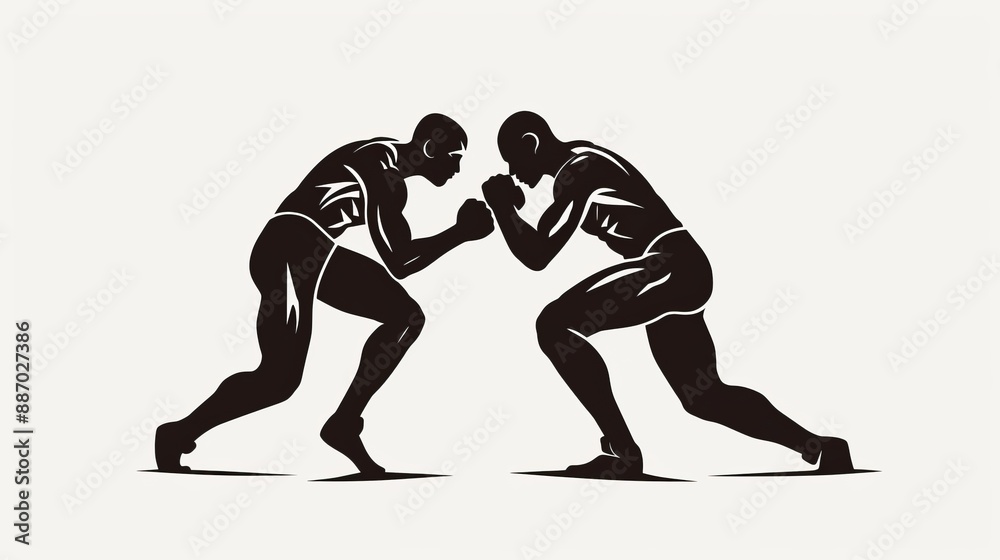 A black-and-white silhouette illustration of two wrestlers squaring off in a stance, showing their muscles and readiness, representing competition and physical prowess.