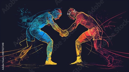 Obraz na płótnie An abstract, colorful illustration of two wrestlers engaged in a match, depicted with flowing lines and bright hues of blue and red. Represents competition and athleticism. w salonie