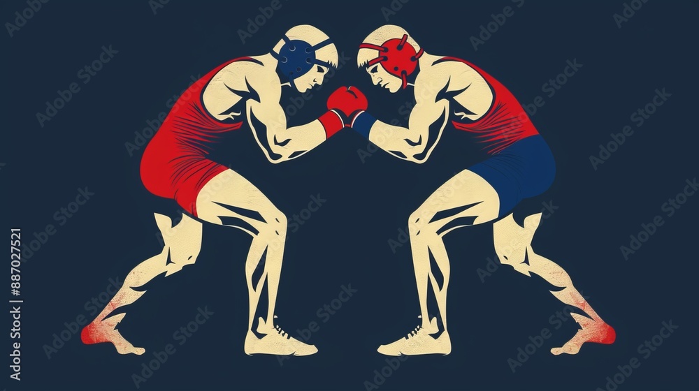 Obraz premium Illustration of two cartoon wrestlers in red and blue, facing off in colorful stances, capturing the thematic rivalry and energy of wrestling through vibrant artistic styles.