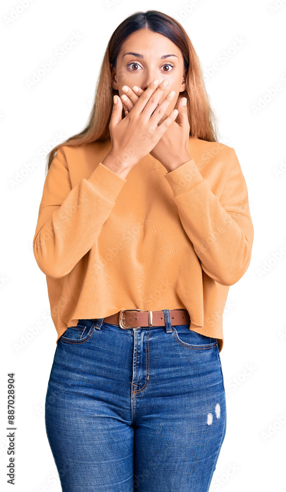 Beautiful young woman wearing casual clothes shocked covering mouth with hands for mistake. secret concept. Beautiful young woman wearing casual clothes shocked covering mouth with hands for mistake. secret concept.
