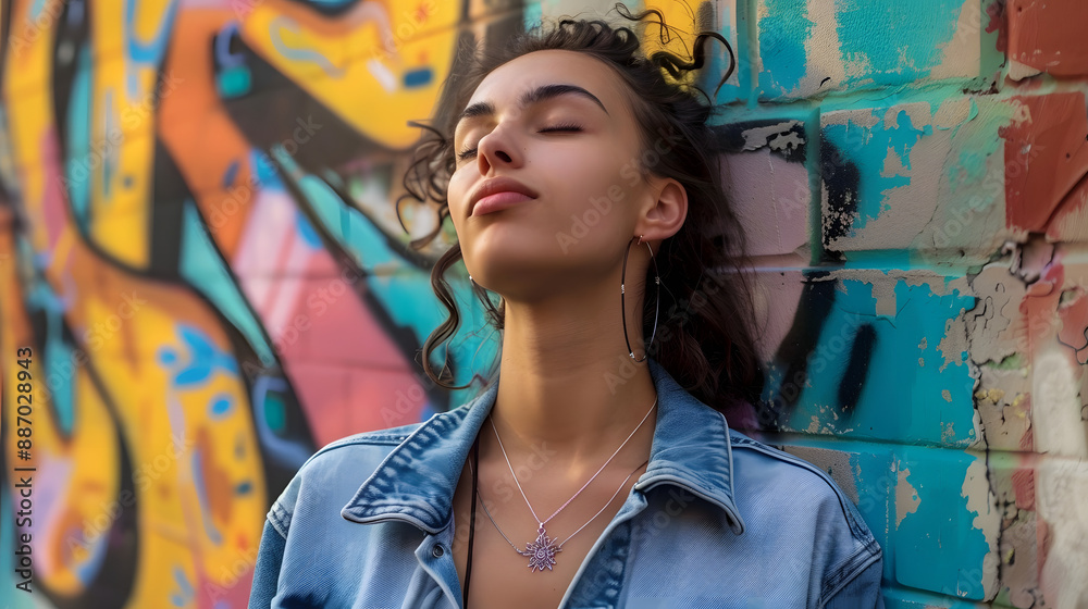 Fototapeta premium A young woman in a denim jacket stands confidently against a wall with colorful graffiti. Her eyes are closed and she is looking upwards, possibly in thought or reflection