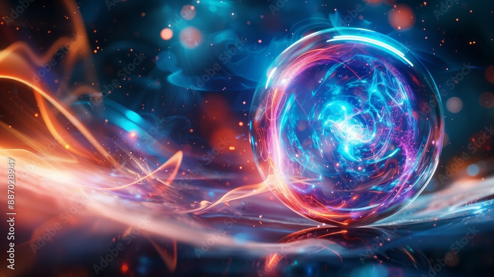 Abstract energy with a bright, cosmic glass sphere surrounded by swirling vibrant colors Abstract energy with a bright, cosmic glass sphere surrounded by swirling vibrant colors
